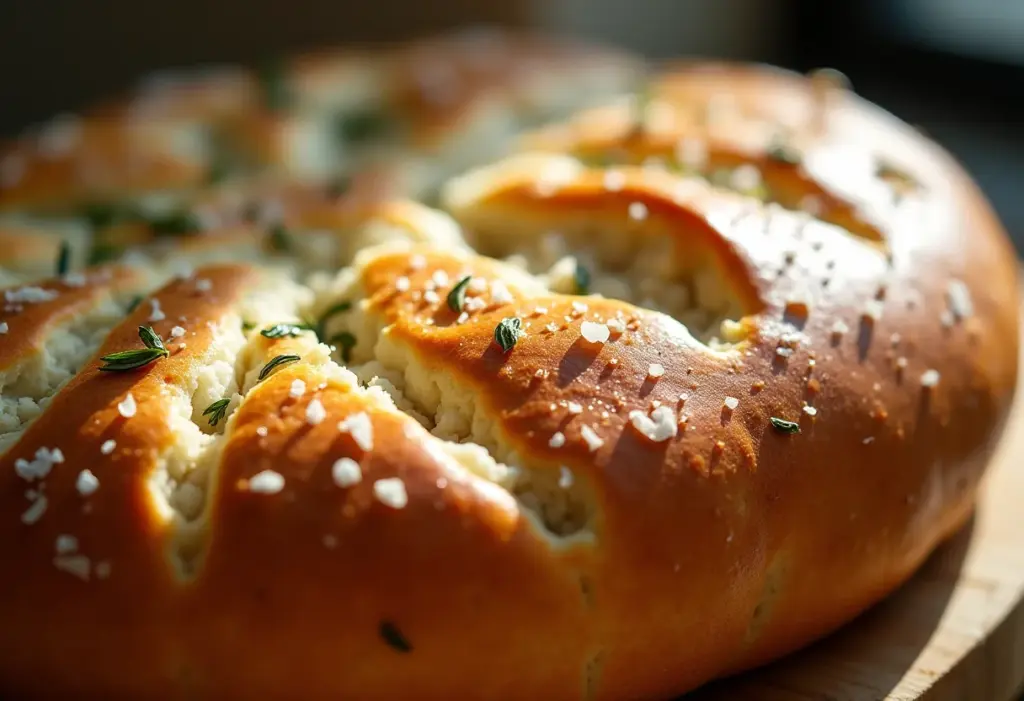 Focaccia italiana apetitosa com alecrim e sal marinho.