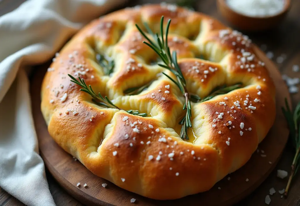 Focaccia italiana apetitosa com alecrim e sal marinho.