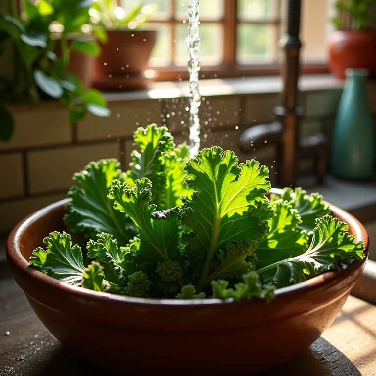 Folhas de couve frescas sendo lavadas para o suco verde.