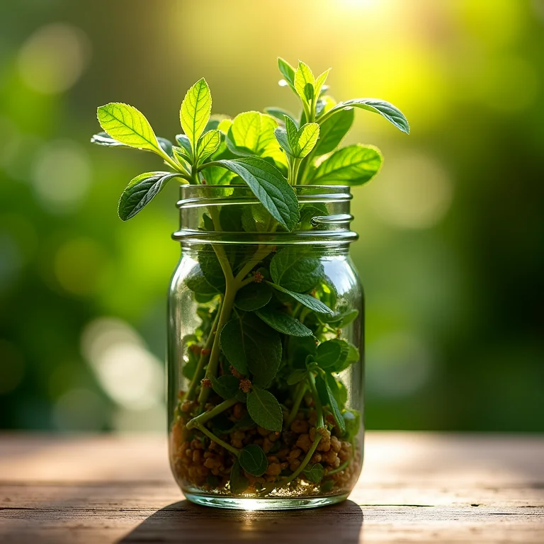 Folhas de orégano em um pote de vidro sob a luz do sol.