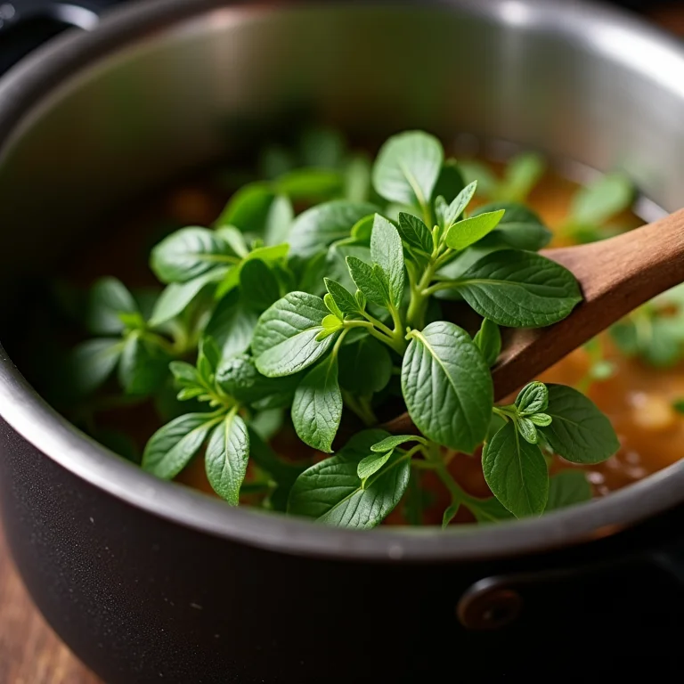 Folhas de orégano fresco sendo adicionadas a uma panela no fogão a lenha.