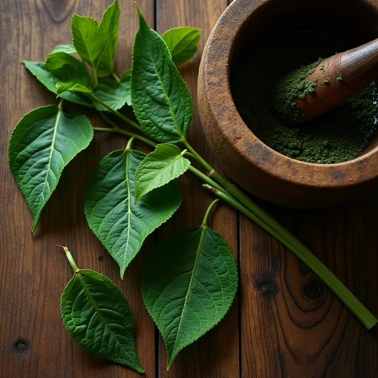 Folhas de PariParoba dispostas em mesa de madeira rústica