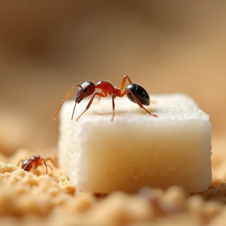 Formigas faraó em volta de um cubo de açúcar.