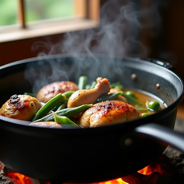 Frango caipira com quiabo cozinhando em panela de ferro.