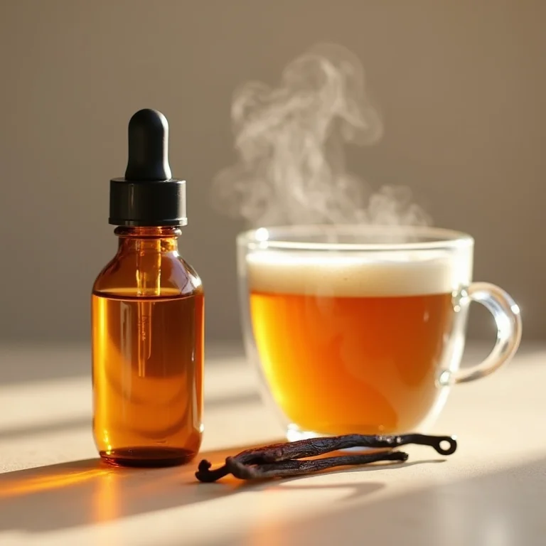 Frasco de extrato de baunilha com conta-gotas ao lado de xícara de chá fumegante.