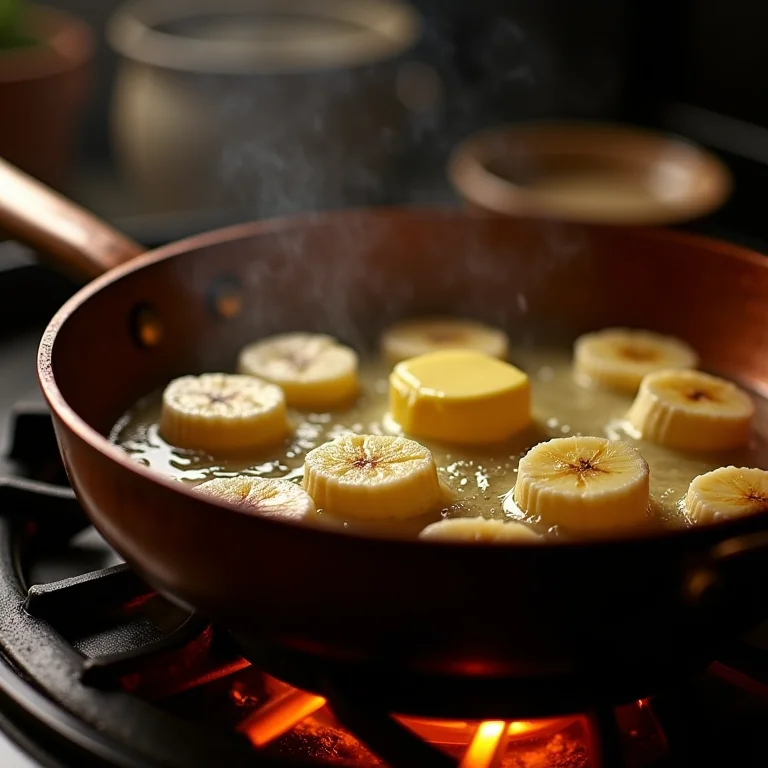 Frigideira de cobre no fogão a lenha, pronta para flambar as bananas.