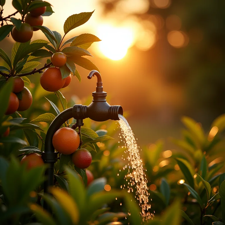 Frutas diferentes recebendo quantidades ideais de água através da irrigação.