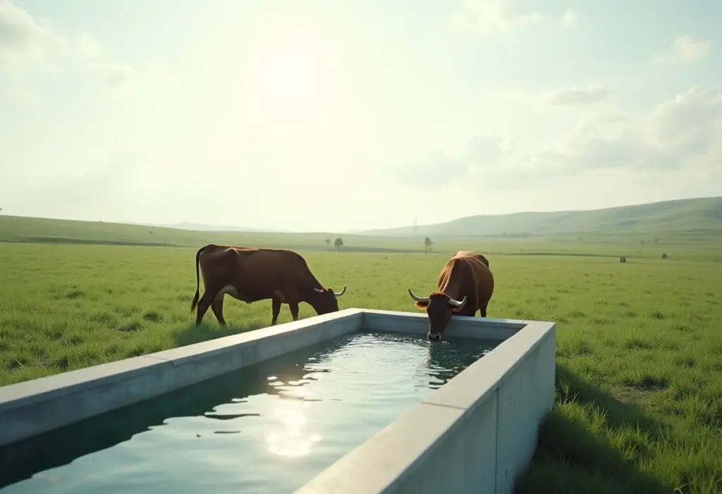 Gado bebendo água limpa em bebedouro moderno.