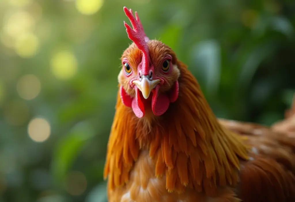 Galinha Sebright exibindo sua plumagem dourada.