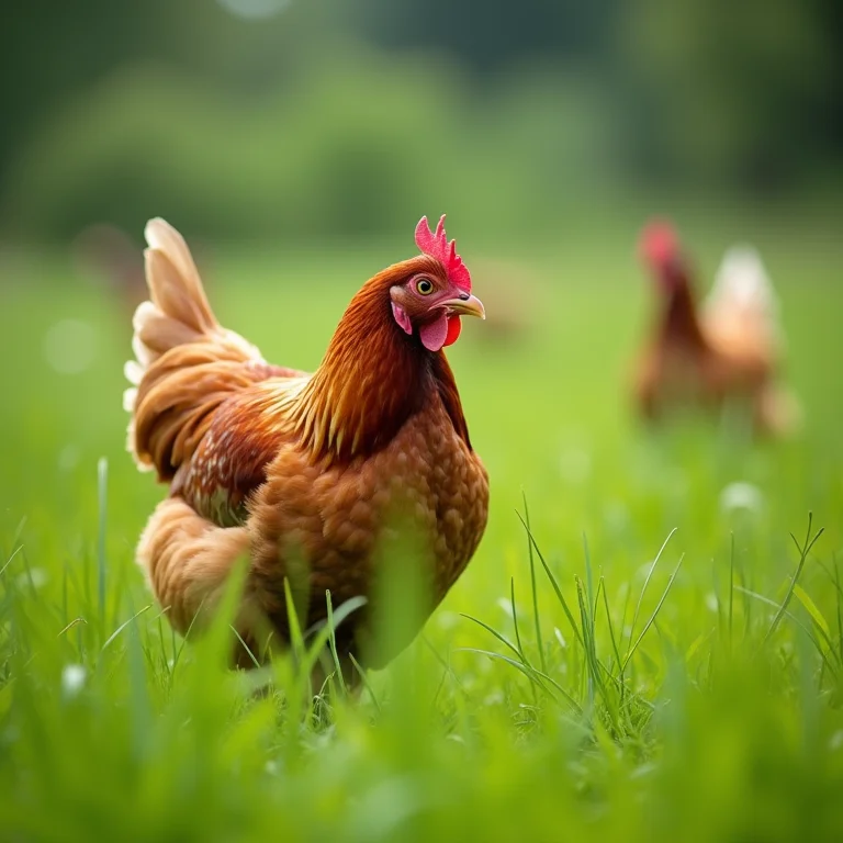 Galinhas caipiras soltas em um pasto verde e exuberante.