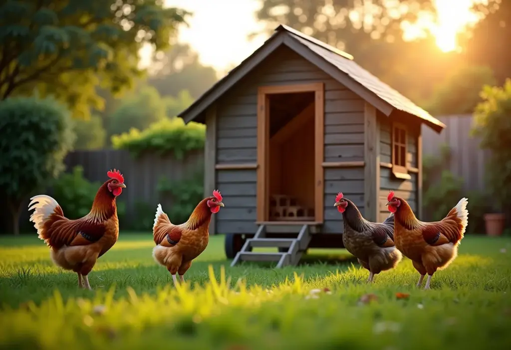 Galinheiro móvel em quintal verde com galinhas