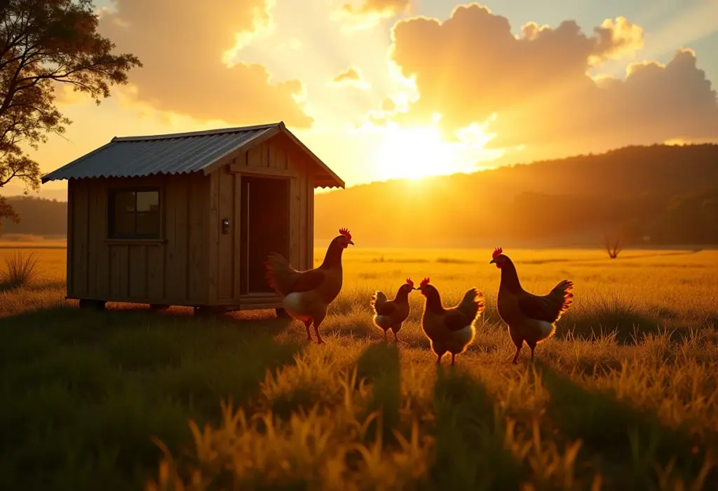 Galinheiro móvel em um quintal ensolarado no Brasil