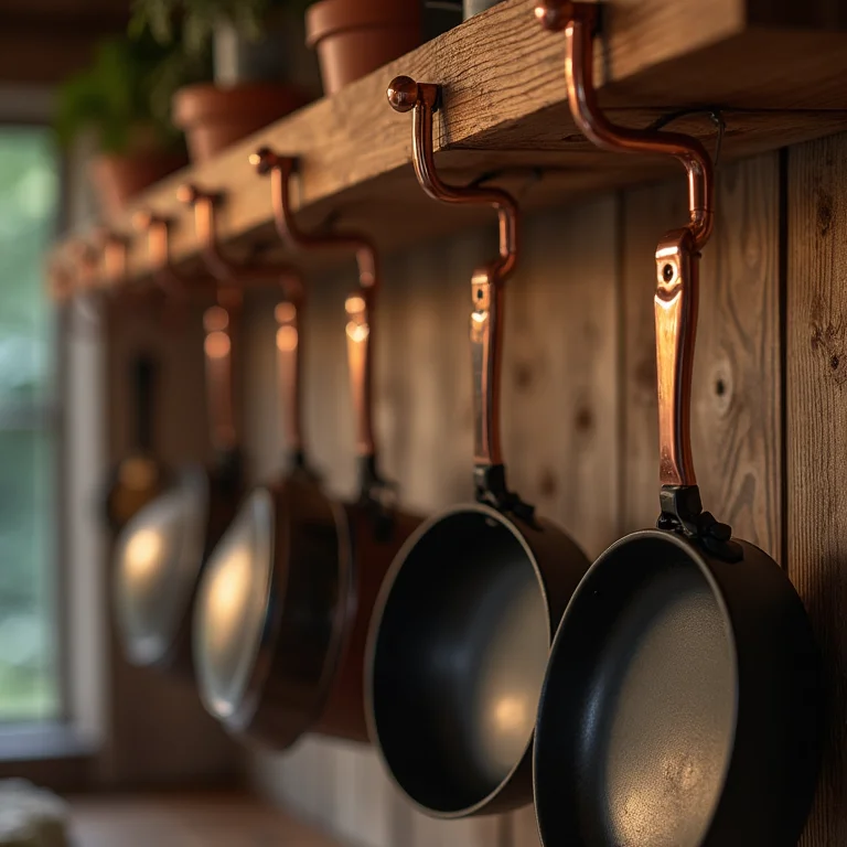 Ganchos e barras para otimizar espaço em cozinha rústica