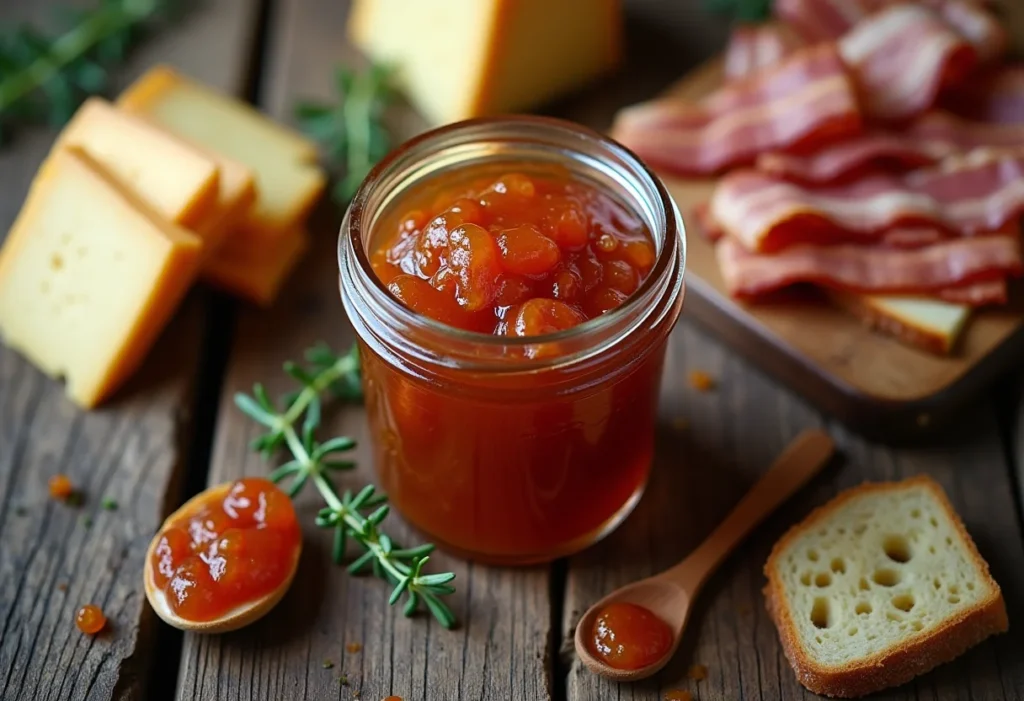 Geleia de bacon caseira com ingredientes gourmet em mesa de madeira.