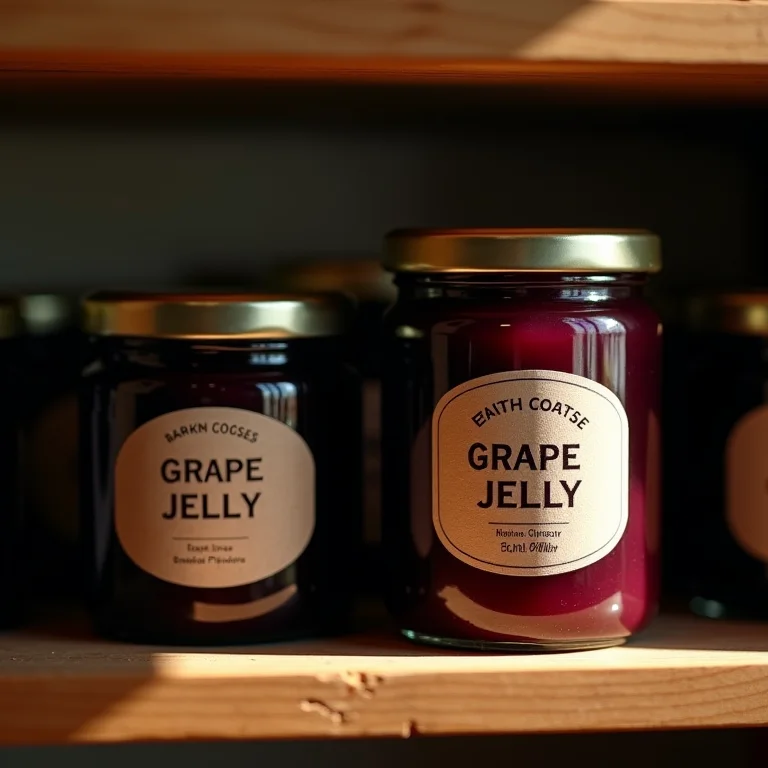 Geleia de uva caseira armazenada em despensa rústica.