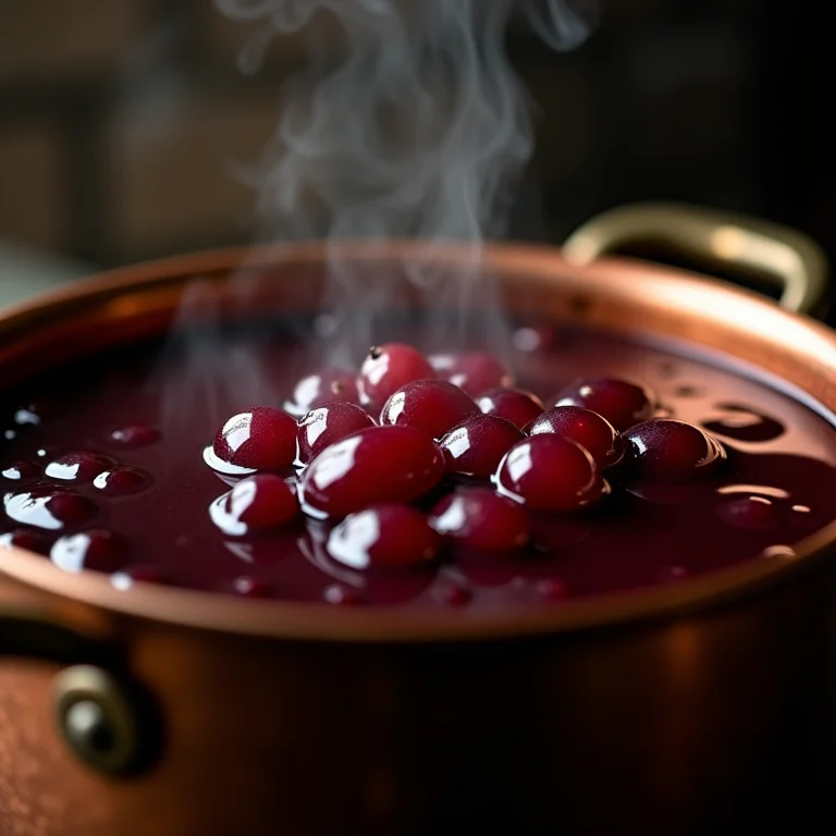 Geleia de uva cozinhando lentamente em fogão a lenha.