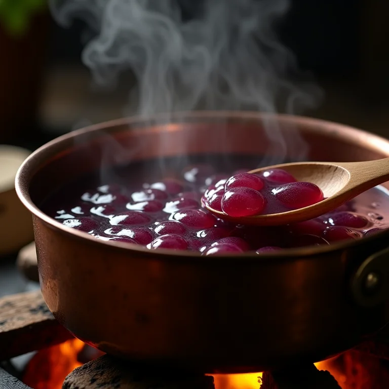 Geleia de uva engrossando em panela de cobre.