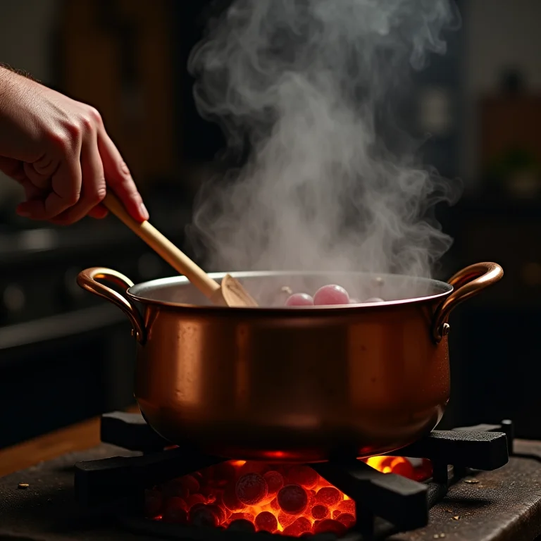 Geleia de uva sendo preparada em fogão a lenha.