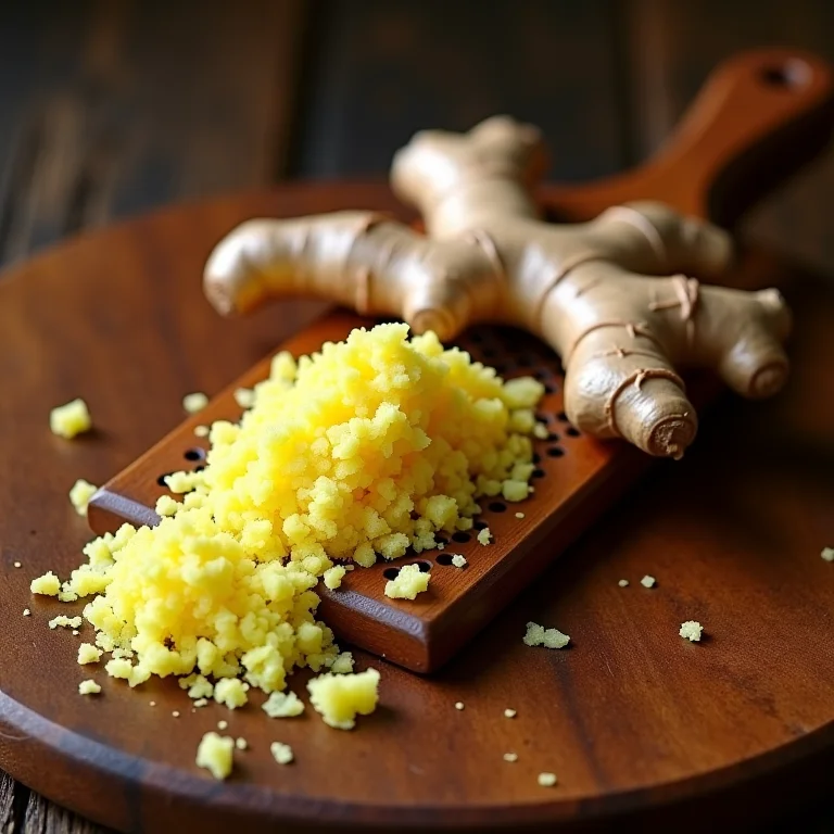 Gengibre fresco ralado em ralo de madeira