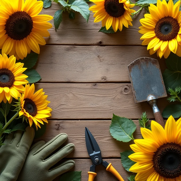 Girassóis recém-colhidos com ferramentas de jardinagem.