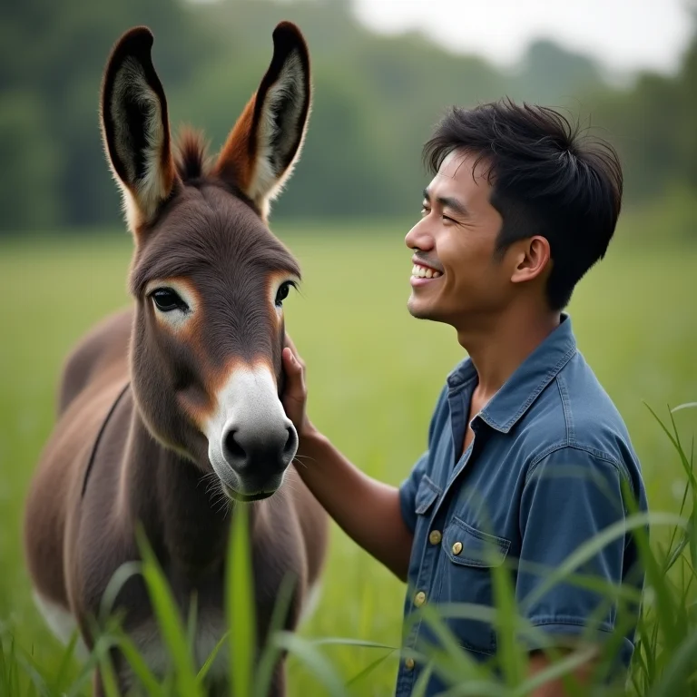 Homem cuidando de jumento Pêga
