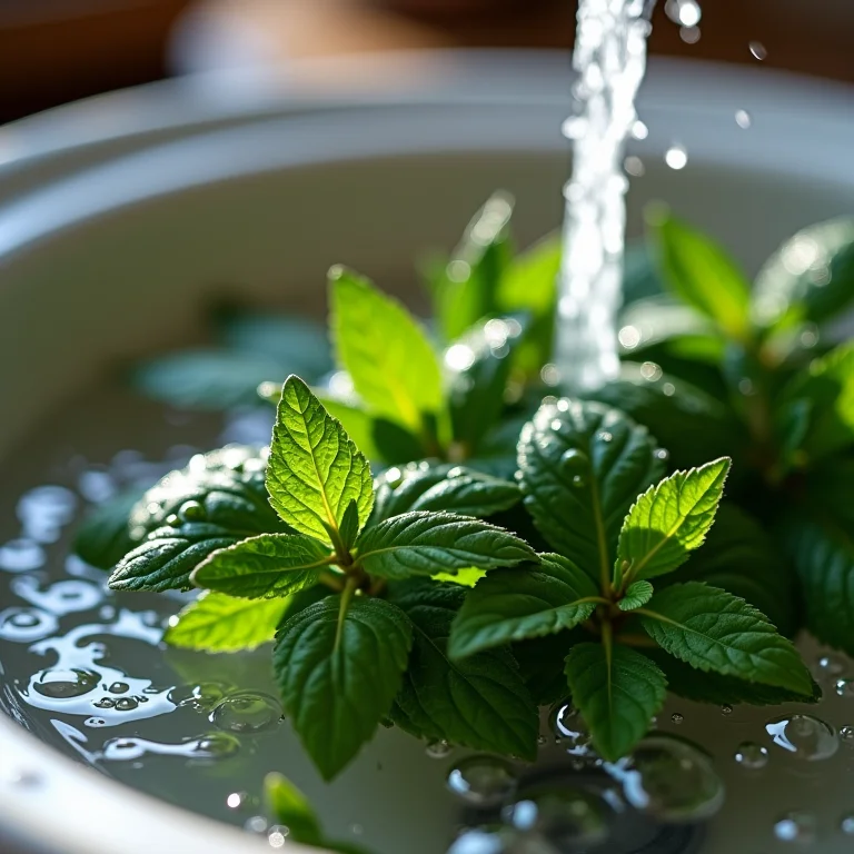 Hortelã fresca sendo lavada para o chá.