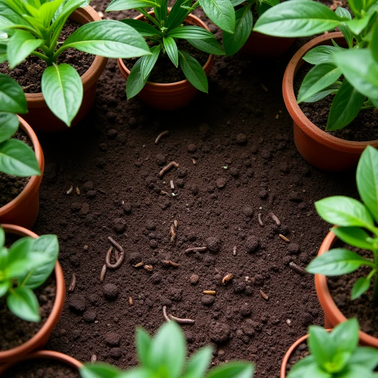 Húmus de minhoca como cobertura morta em vasos de plantas.