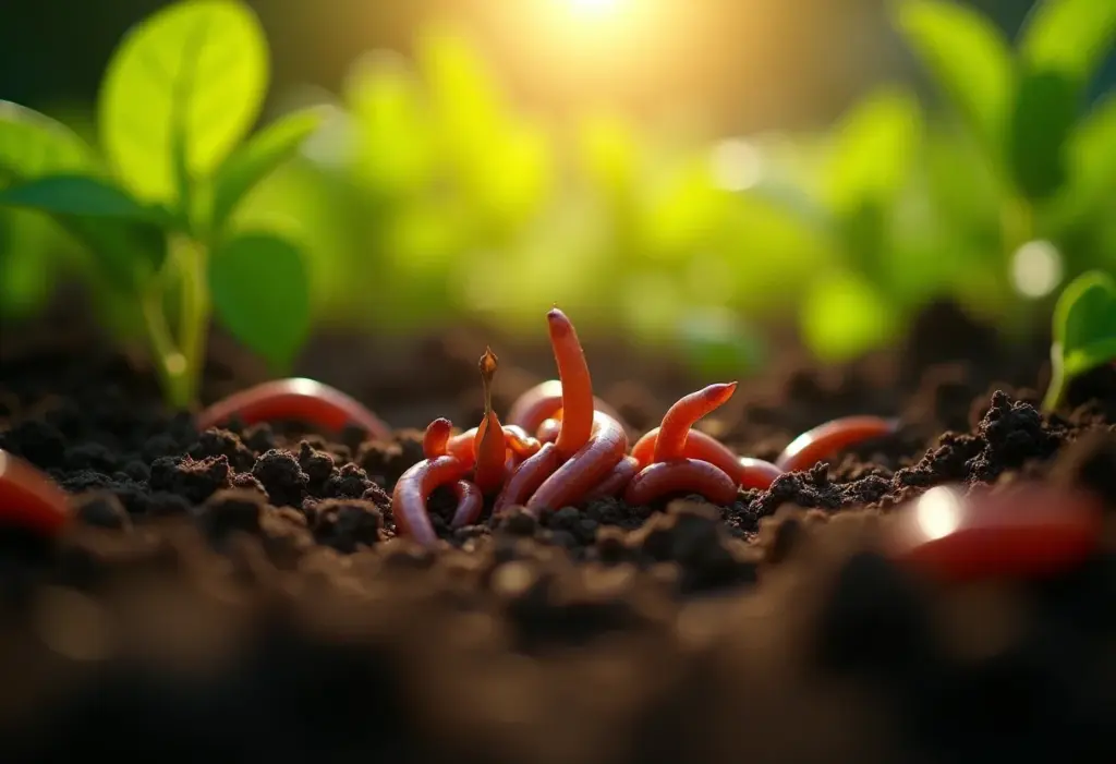 Húmus de minhoca em close-up com vegetação exuberante.