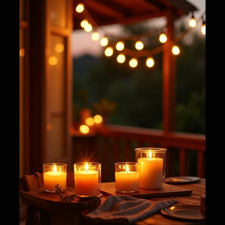 Iluminação aconchegante com luzinhas e velas em sacada rústica