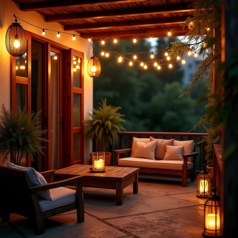 Iluminação charmosa em sacada rústica