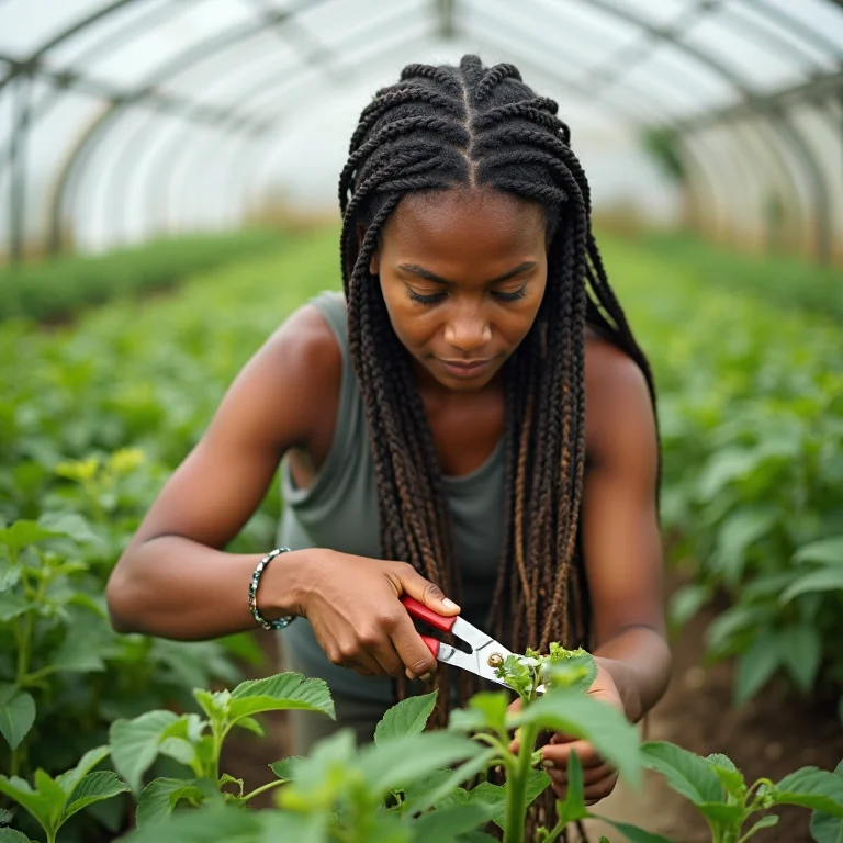 Indígena podando pimentas biquinho em estufa