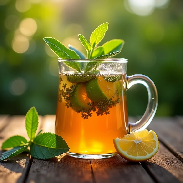 Infusão de chá de verbena destacando propriedades anti-inflamatórias.