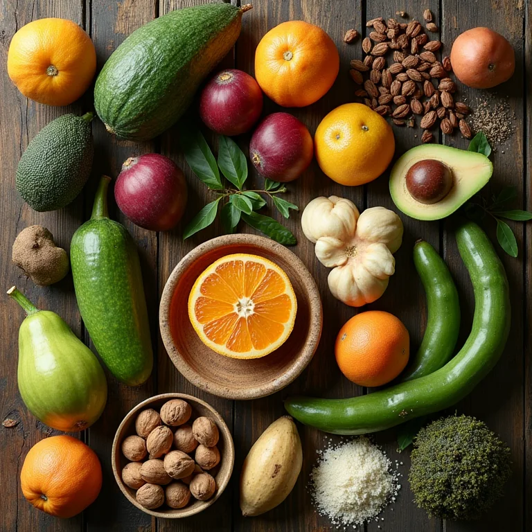 Ingredientes da Amazônia dispostos em mesa de madeira