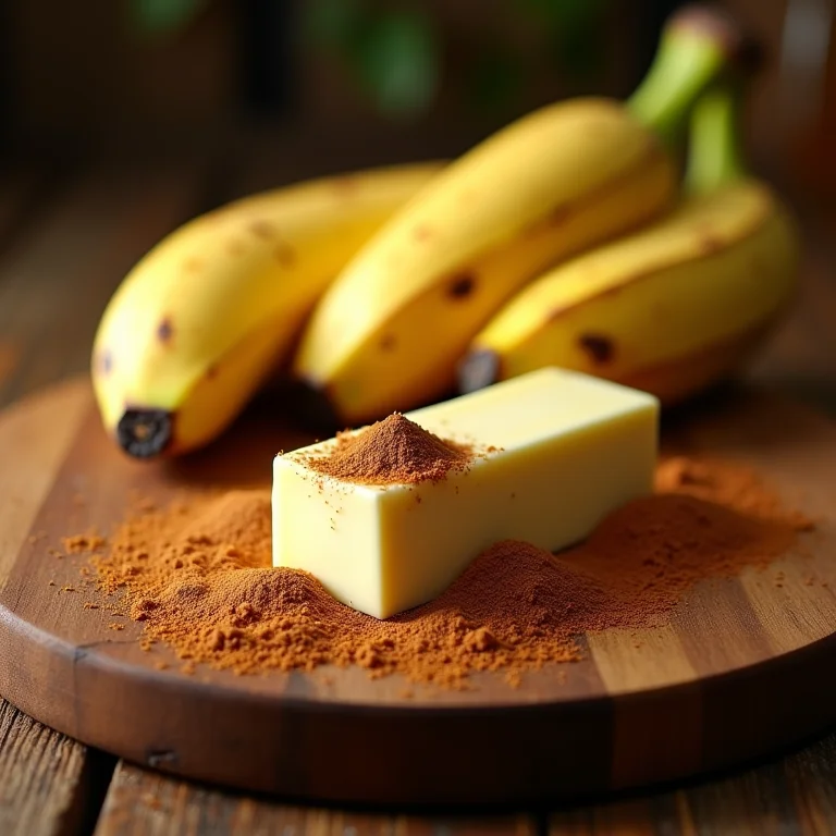 Ingredientes de alta qualidade para a banana flambada: manteiga, açúcar, canela e rum.