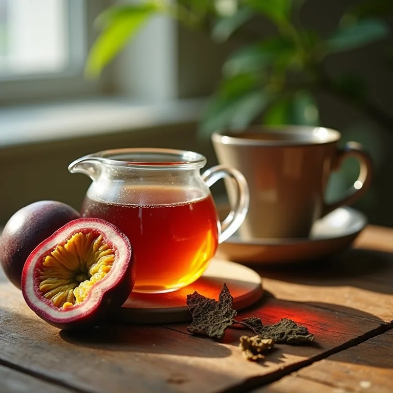 Ingredientes e chá de maracujá em composição minimalista