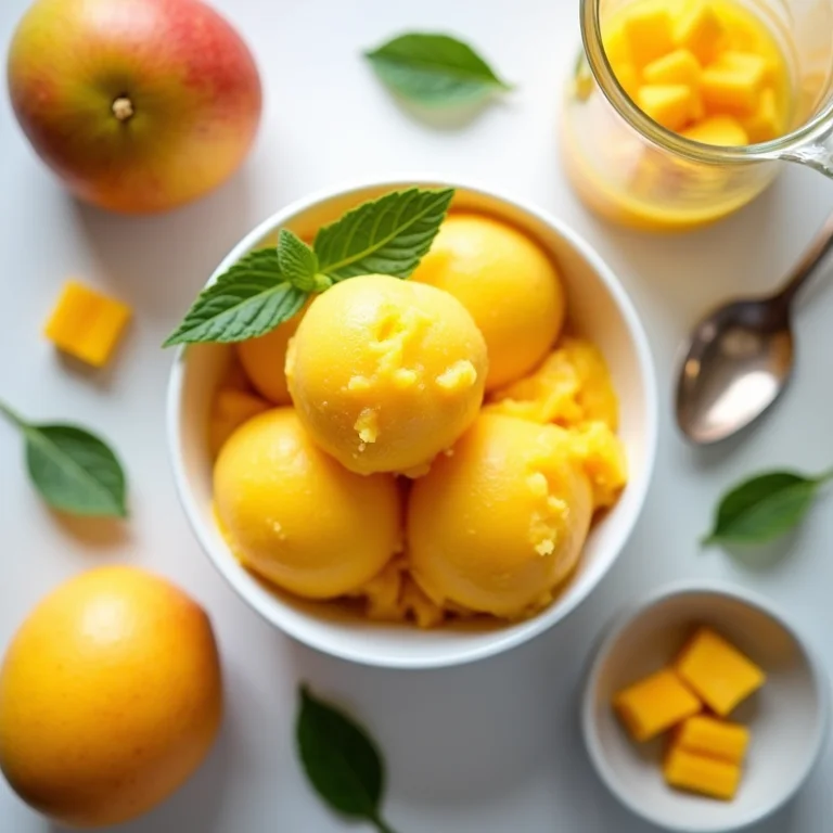 Ingredientes e sorvete de manga caseiro