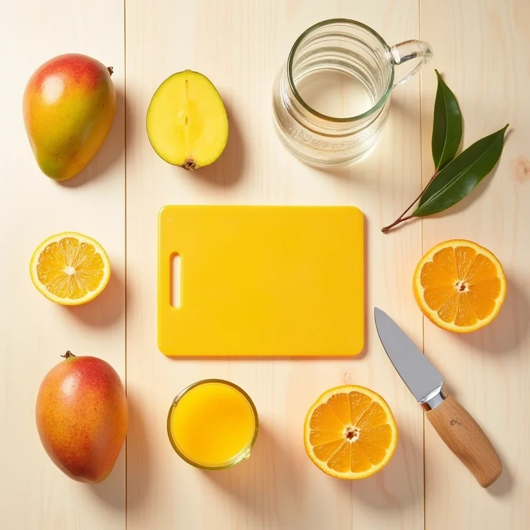 Ingredientes e utensílios para fazer suco de manga com laranja dispostos em uma mesa.