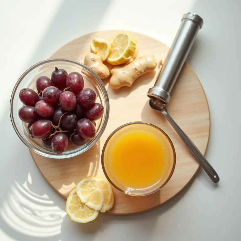 Ingredientes e utensílios para preparar suco de uva com gengibre.