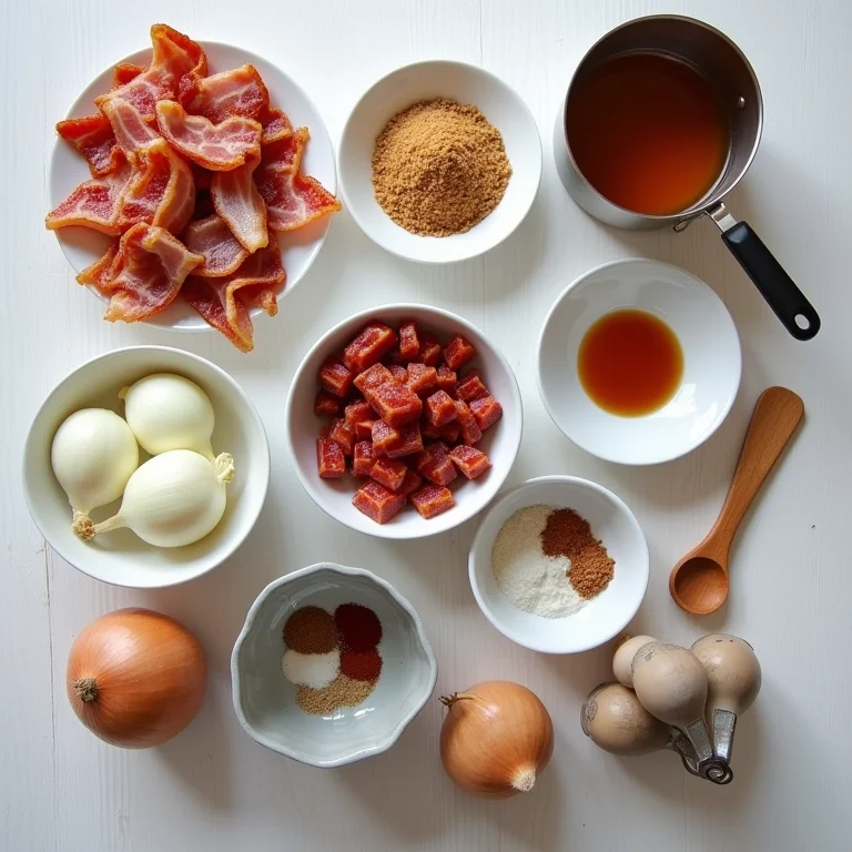 Ingredientes e utensílios para receita de geleia de bacon caseira.