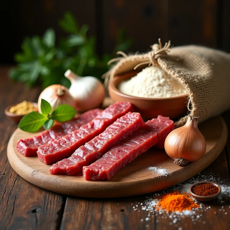 Ingredientes essenciais para a paçoca de carne seca: carne seca, farinha de mandioca, cebola, alho e especiarias.