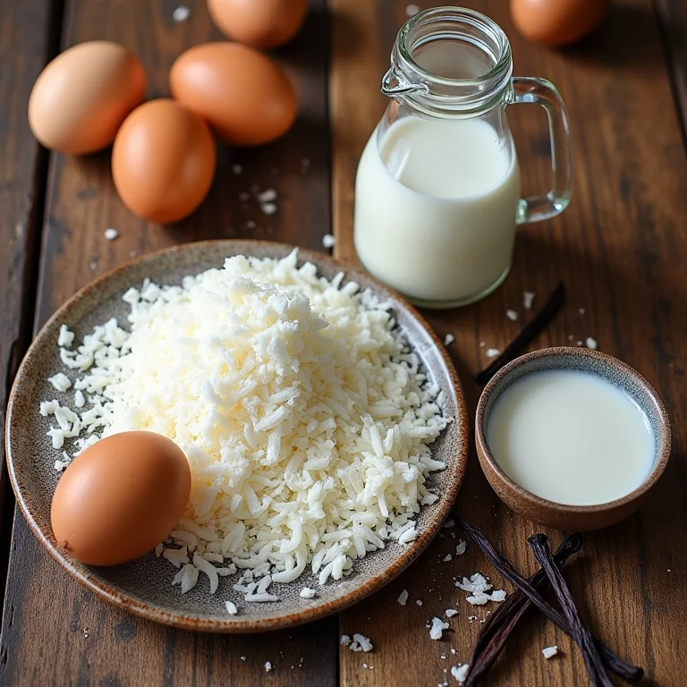 Ingredientes frescos para bolo de coco dispostos em mesa de madeira.
