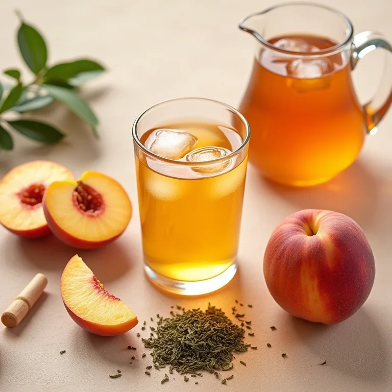 Ingredientes frescos para chá de mate com pêssego em flat lay.