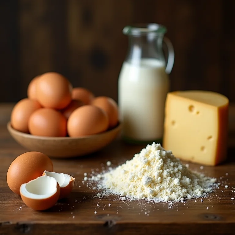 Ingredientes frescos para o biscoitão de roça: ovos, polvilho, leite e queijo.