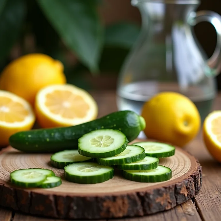 Ingredientes frescos para suco de pepino com limão: pepino, limão, água.