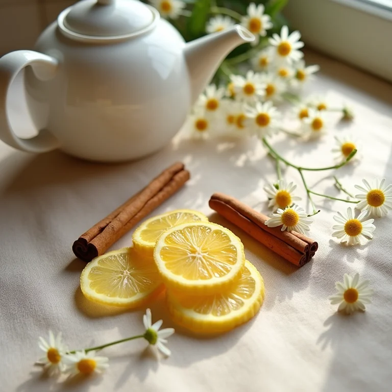 Ingredientes naturais para um chá digestivo: gengibre, canela e camomila