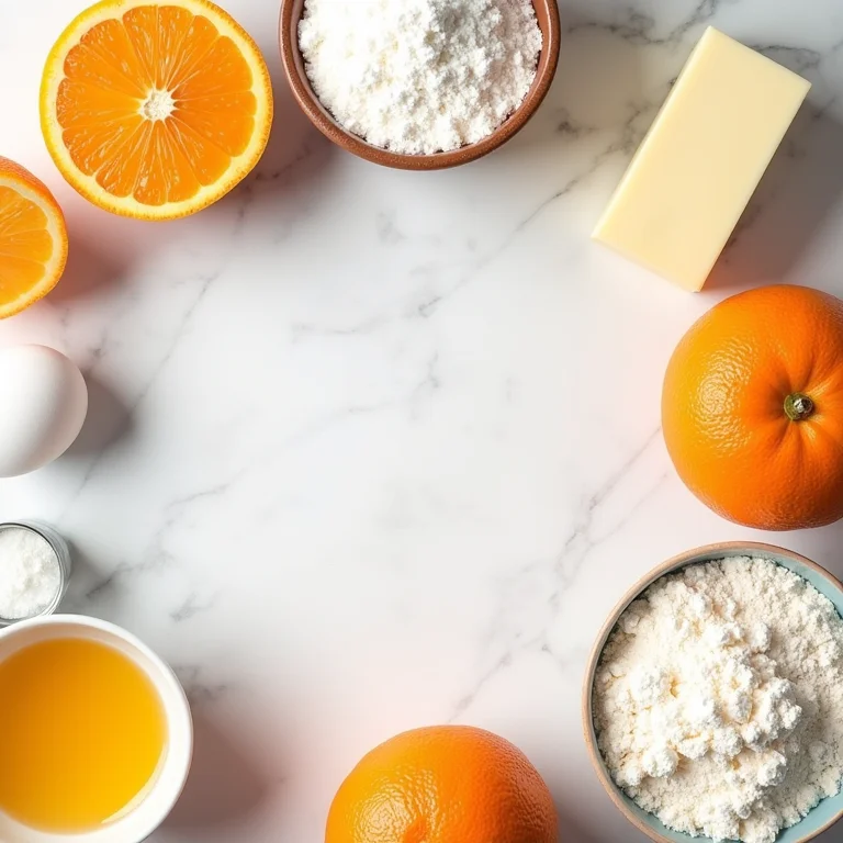 Ingredientes para bolo de laranja dispostos em flat lay.