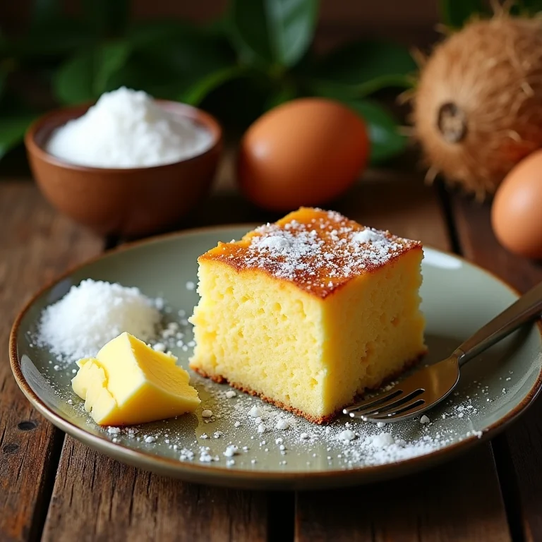 Ingredientes para bolo de mandioca dispostos em mesa rústica.