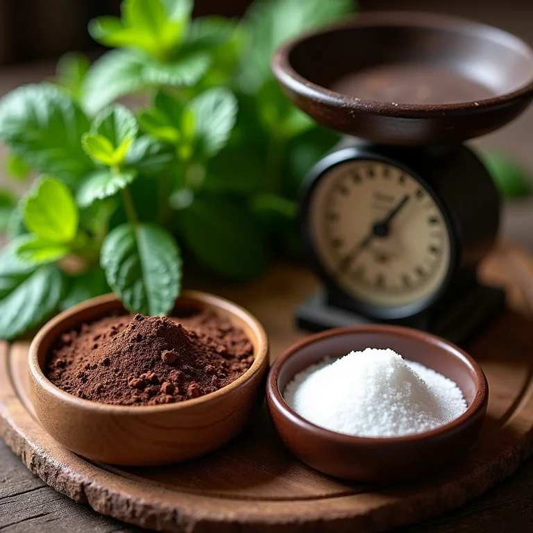 Ingredientes para chá de menta com chocolate: menta fresca, chocolate em pó, açúcar e balança antiga.