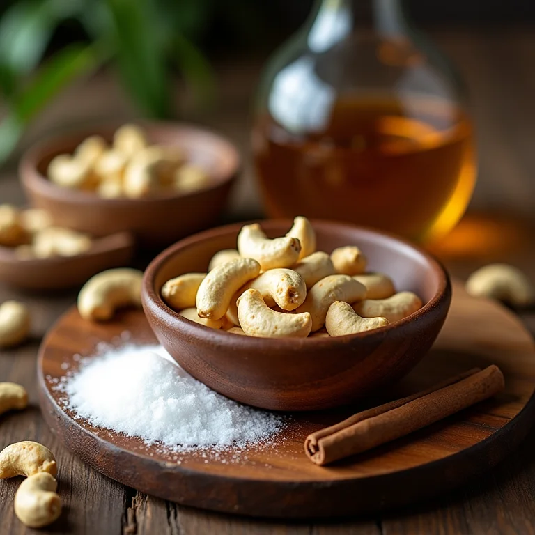 Ingredientes para doce de caju em calda: cajus frescos, açúcar, água e canela.