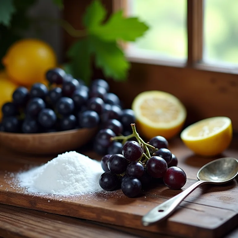 Ingredientes para geleia de uva: uvas pretas, açúcar e limão.